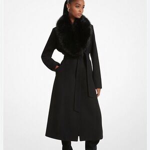 Michael Kors Black Faux Fur Trim Wool Blend Coat